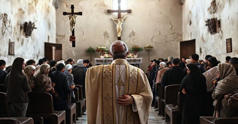 Ks. Gabriel Romanelli przed zniszczonym kościołem w Gazie z krzyżem w dłoni, w tle biedni ludzie i naturalistyczne dekoracje ołtarza.