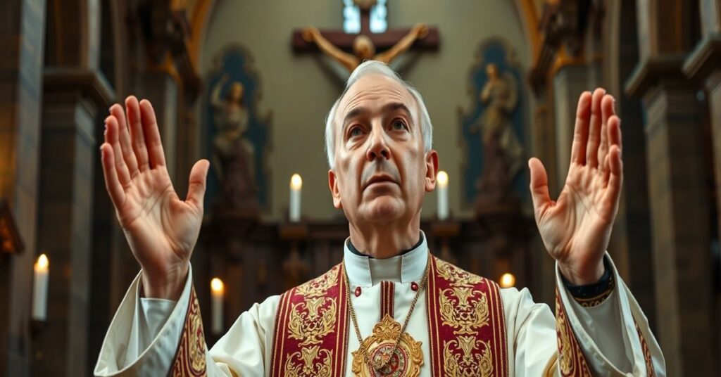 Ksiądz Rafał Hołubowicz wygłasza kazanie w tradycyjnym kościele z krzyżem i zapalonymi świecami w tle