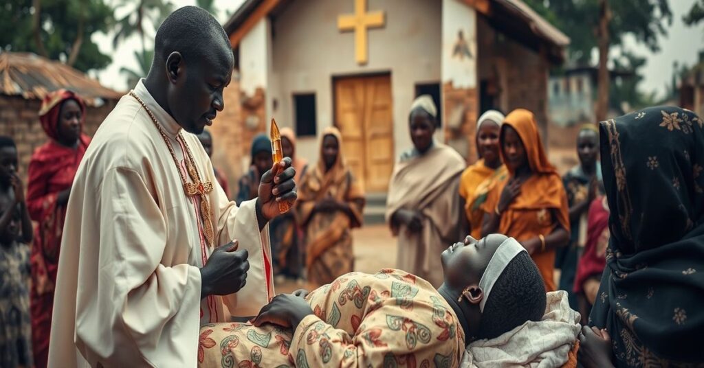 Katolicki ksiśż udzielający wiatykuum umierającej kobiecie w nijeryjskiej wsi, otoczonej modlącymi się rodzicami i wiernymi. Tło symbolizuje duchową pomoc w obliczu kryzysu ukąszeń.