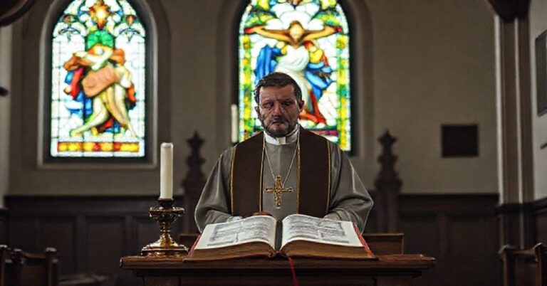 Wnętrze kościoła z tradycyjnymi elementami katolickimi, ks. Jaklewicz na kazalnicy z wyrazem zmartwienia.