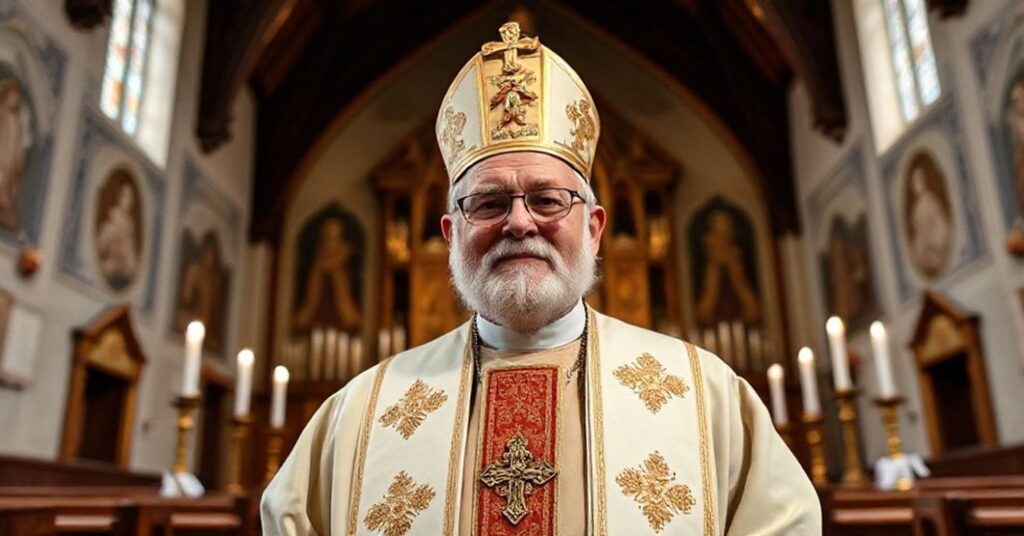 Portret ks. Jamesa Altmana przed ołtarzem w tradycyjnej katedrze, symbolizujący walkę o prawdziwą doktrynę katolicką przeciwko modernistycznej infiltracji