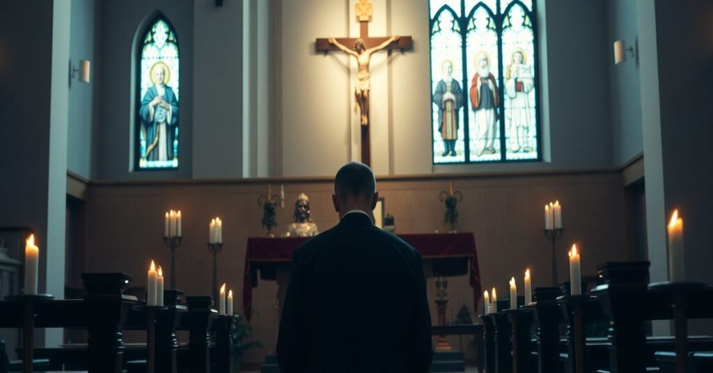 Ks. Jan Kaczkowski modli się przed krzyżem w tradycyjnym kościele katolickim, symbolizując brak sakramentów w posoborowej duchowości