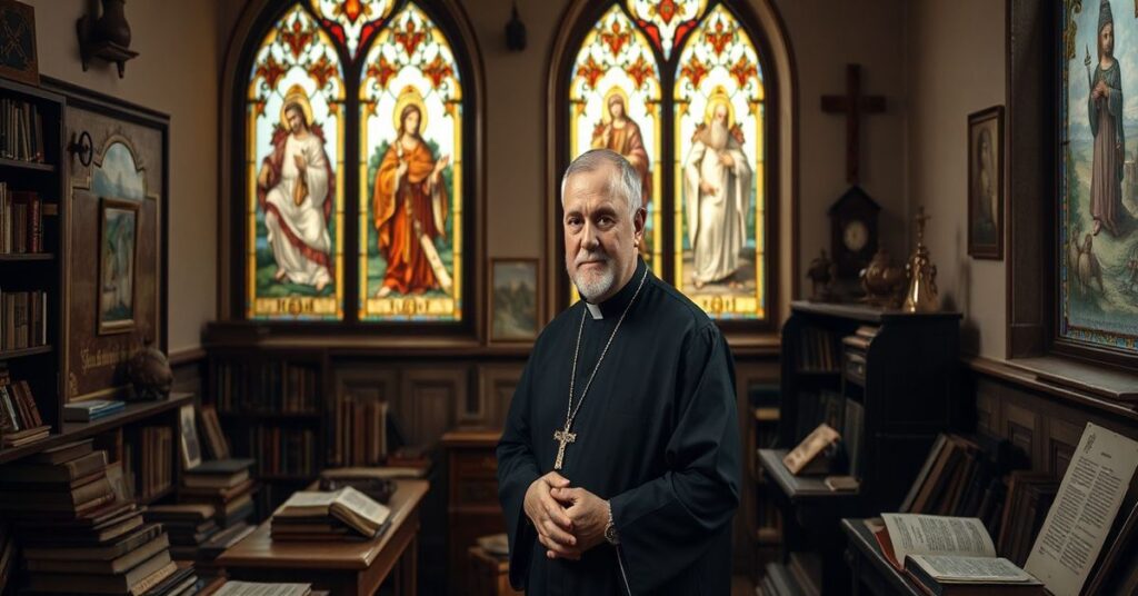 Prawdziwy katolicki kapłan w tradycyjnym kościele z wyrazem głębokiej refleksji nad zagrożeniami modernizmu.