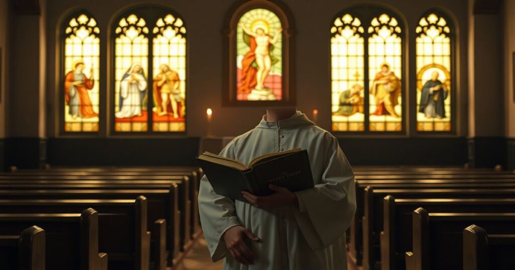 Kapłan w tradycyjnym ornacie stoi przed pustym ołtarzem z nowym rytem w starzejącej się kościelnej świątyni.