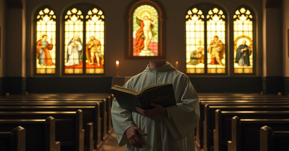 Kapłan w tradycyjnym ornacie stoi przed pustym ołtarzem z nowym rytem w starzejącej się kościelnej świątyni.
