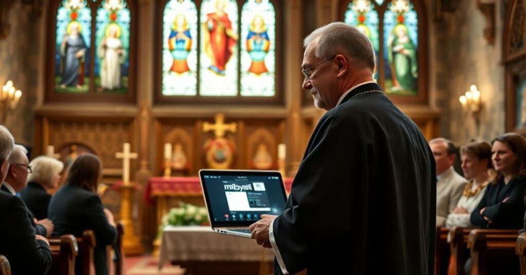 Książ Jan Kowalski stoi przed ołtarzem z laptopem wyświetlającym aplikację mObywatel, otoczony zaniepokojonymi wiernymi w tradycyjnym koście