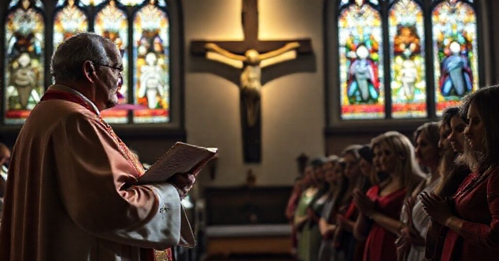 Ks. Jan Kowalski w tradycyjnych szatach liturgicznych przemawia do grupki kobiet w kościele świętego Mikołaja w Warszawie o kryzysie ideologicznej rewolucji płciowej w kanadyjskich więzieniach