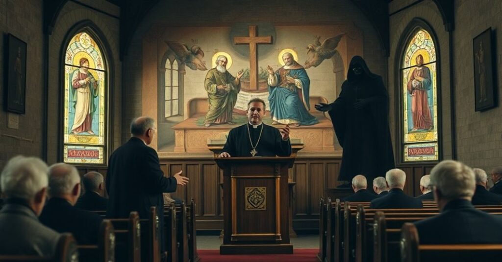 Ks. Jarosław Tomaszewski w tradycyjnym wnętrzu kościoła przemawiający o kontrowersyjnej obrońcy upadłych duchownych