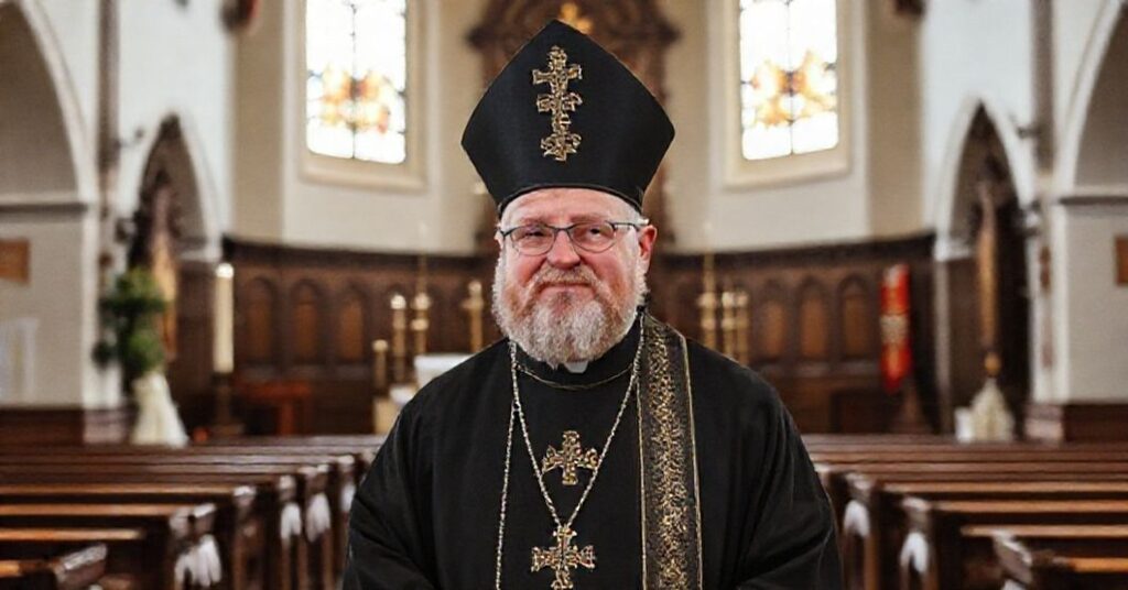 Ks. Jerzy Jastrzębski stojący przed ołtarzem w starym koścu z wyrazem troski na twarzy.