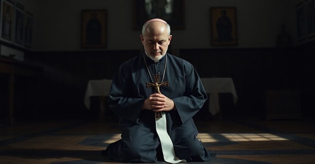 Przedstawienie ks. Jerzego Popiełuszki w kaplicy podczas modlitwy z krzyżem w ręku, symbolizujące jego męczeństwo i wiarę.