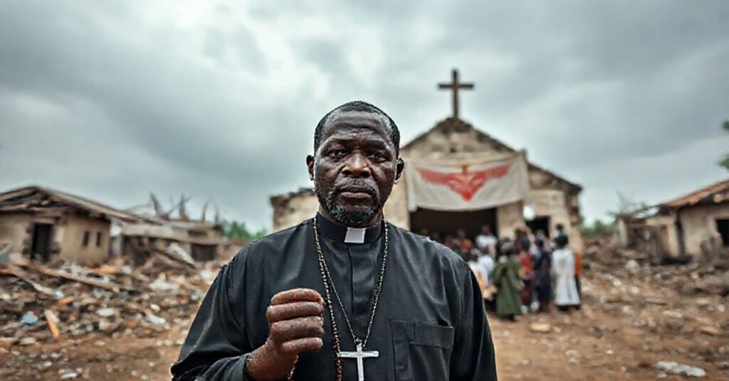 Ks. Joseph Abu stoi przed zniszczonym kościołem w Nigerii z różańcem w ręku, otoczony ruinami i ludźmi modlącymi się podczas Mszy Świętej.