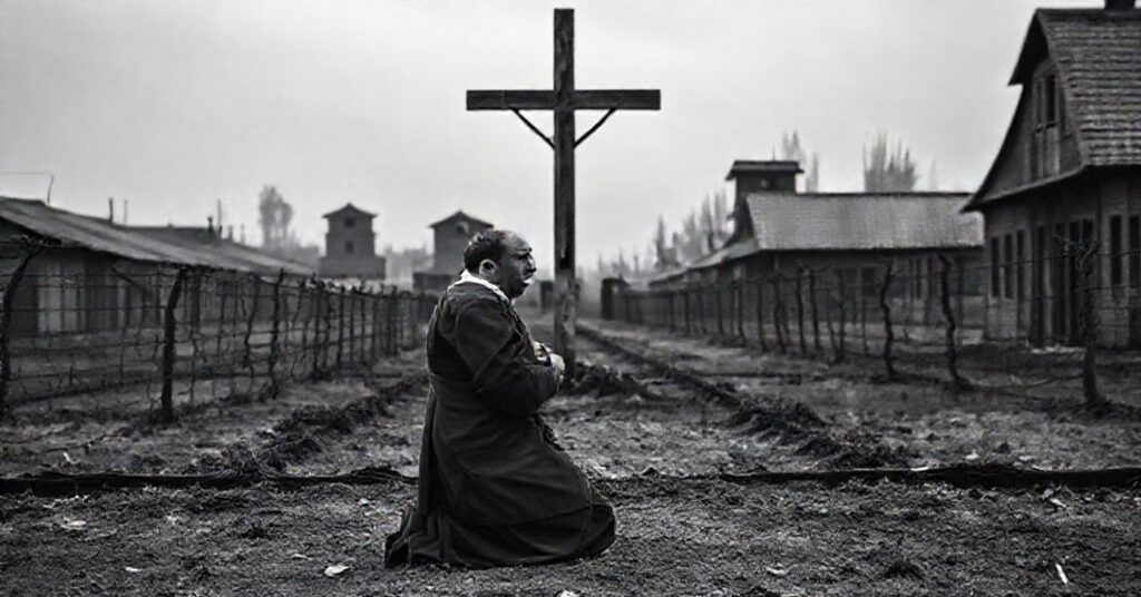 Smutny widok obozu koncentracyjnego Auschwitz-Birkenau w tonach czarno-białych, podkreślający ostre druty kolczaste, rdzawe baraki i pustynny krajobraz. Na pierwszym planie ks. Józef Debreczeni klęczy w modlitwie przed krzyżem wśród zimnych krematoriów.