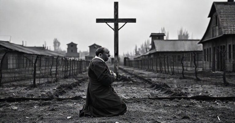 Smutny widok obozu koncentracyjnego Auschwitz-Birkenau w tonach czarno-białych, podkreślający ostre druty kolczaste, rdzawe baraki i pustynny krajobraz. Na pierwszym planie ks. Józef Debreczeni klęczy w modlitwie przed krzyżem wśród zimnych krematoriów.