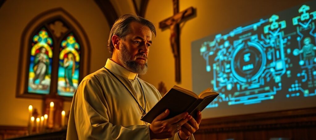 Ks. prof. Józef Kloch w tradycyjnym kościele katolickim z encykliką Leona XIV i projektem sztucznej inteligencji na tle