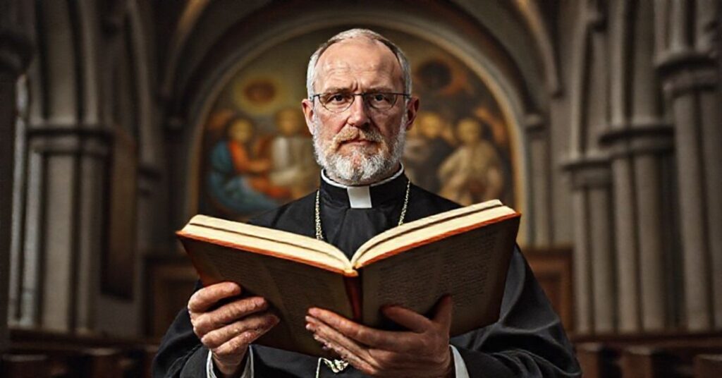 Portret ks. Józefa Naumowicza w tradycyjnym stroju kapłańskim w poważnej katolickiej atmosferze