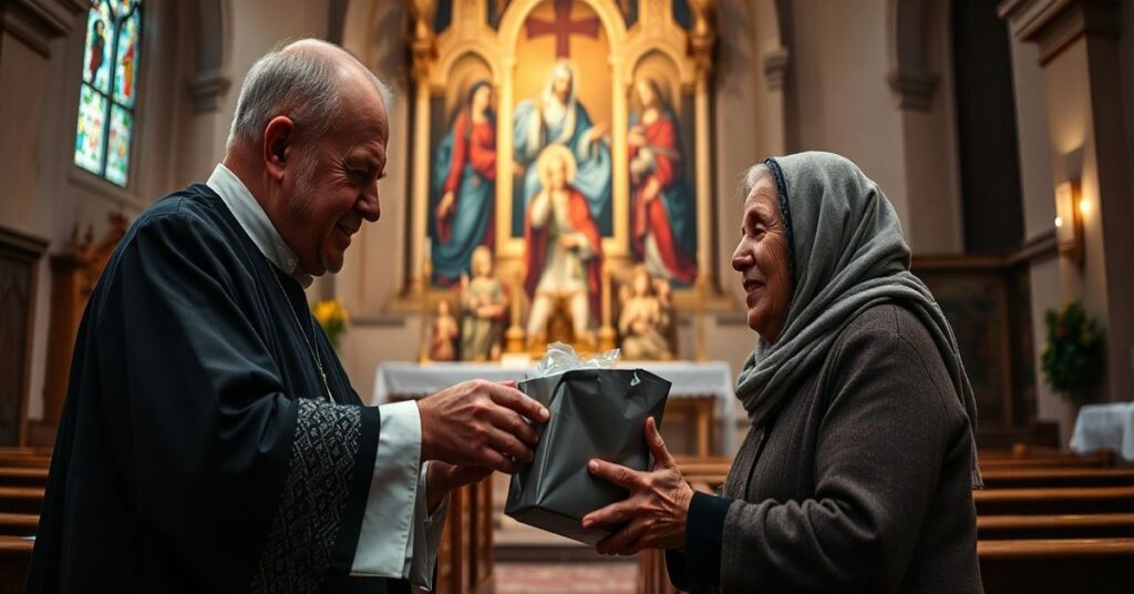 Zdjęcie przedstawia księdza Tomasza Kancelarczyka rozdzielającego paczki na akcji charytatywnej w kościele. Altarpiece z Sądem Ostatecznym na tle podkreśla brak uwagi na zbawienie duszy.