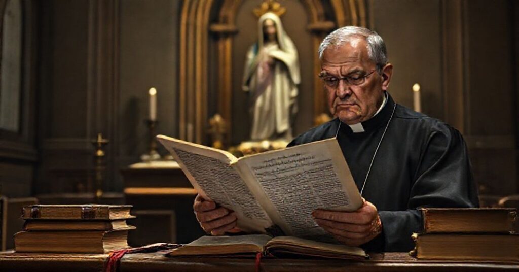 Ks. Serafino M. Lanzetta analizujący dokument 'Mater Populi Fidelis' w tradycyjnym kościele katolickim z rzeźbą Maryi na tle.