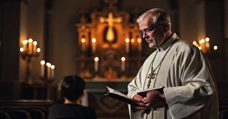 Kapłan w tradycyjnym stroju egzorcystycznym stojący w starej kaplicy z młodym człowiekiem w tłumieniu. Scena podkreśla konflikt między tradycyjnymi a nowoczesnymi praktykami egzorcyzmów.