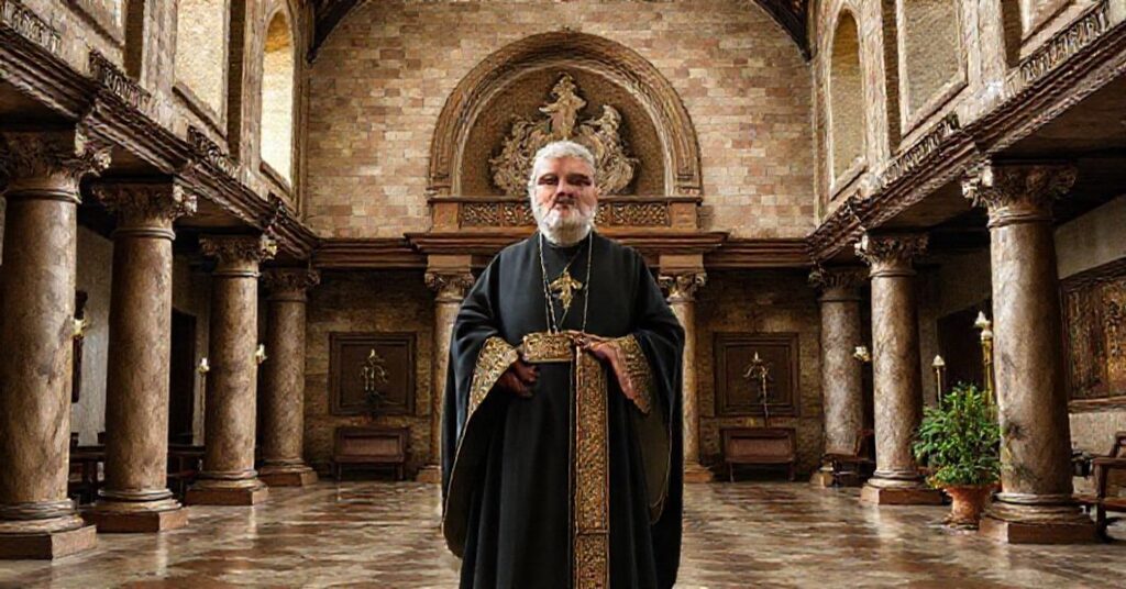 Portret ks. Mariana Machinka MSF przed rzymskim forum z krzyżem Chrystusa Króla.