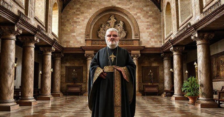 Portret ks. Mariana Machinka MSF przed rzymskim forum z krzyżem Chrystusa Króla.