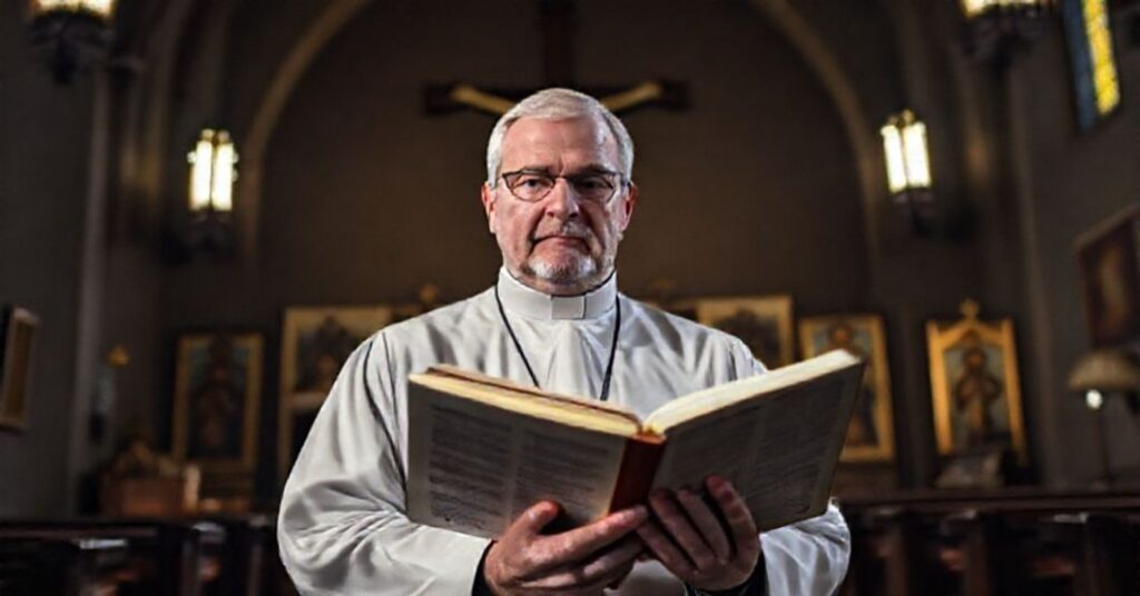 Ks. Marian Machinek MSF w kościele z Biblią w ręku, symbolizujący tradycyjną katolicką eschatologię.