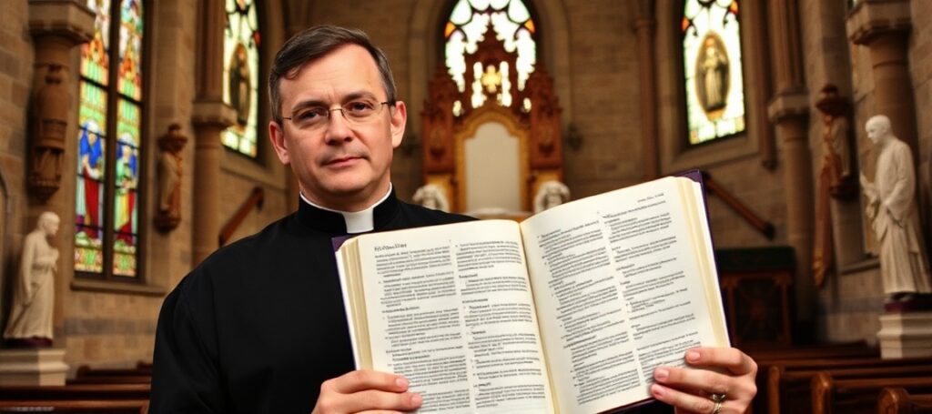 ks. dr Krystian Malec trzymający Pismo Święte w tradycyjnym kościele katolickim