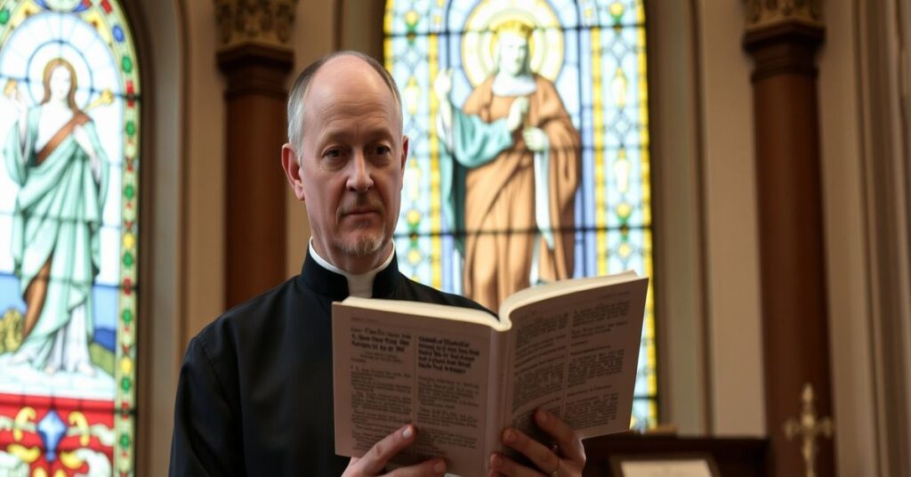 Ksiądz Krystian Malec w tradycyjnym kościele z otwartą Biblią, rozważający 2 Korintian 8:16-9:5. W tle witraż przedstawiający Chrystusa Króla.