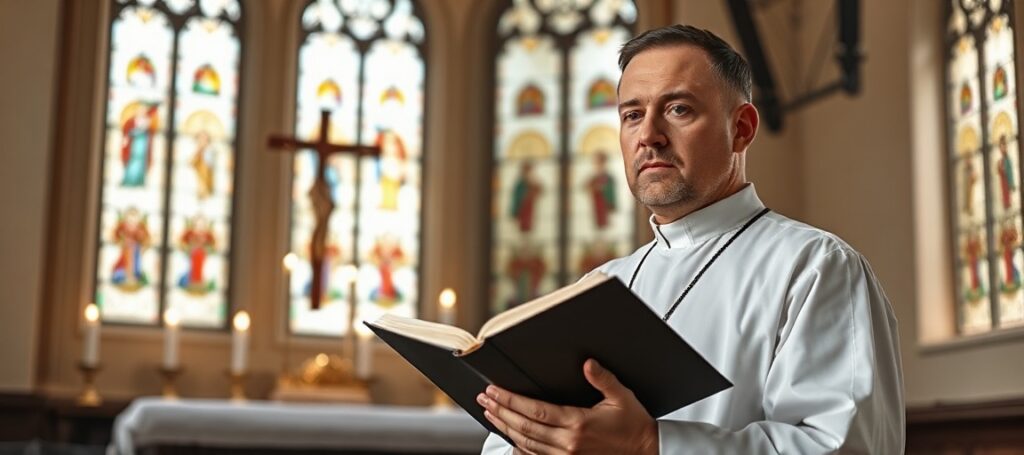 Ks. Michał Kwitliński w tradycyjnym wnętrzu kościelnym z Biblią w ręku, podkreślający znaczenie modlitwy za świat w kontekście sakramentalnym i prawdziwego Kościoła.