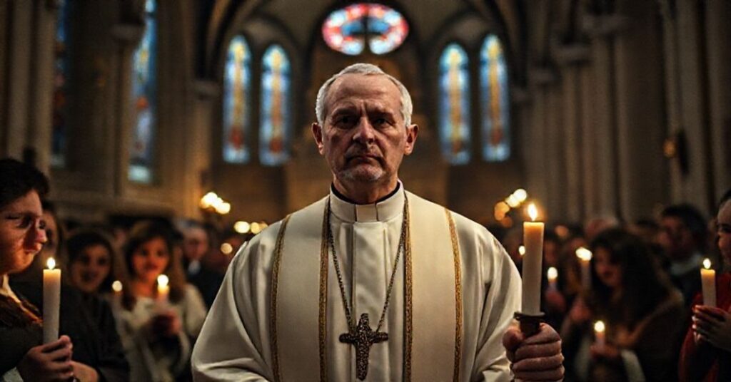 Ks. Michał Kwitliński podczas Mszy Roratniej w tradycyjnym kościele gotyckim, otoczony wiernymi. Scena przekazuje głęboką pobożność i powagę liturgii.