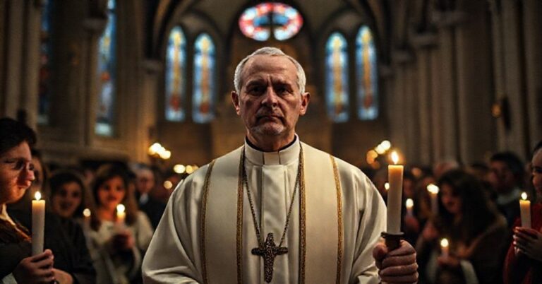 Ks. Michał Kwitliński podczas Mszy Roratniej w tradycyjnym kościele gotyckim, otoczony wiernymi. Scena przekazuje głęboką pobożność i powagę liturgii.