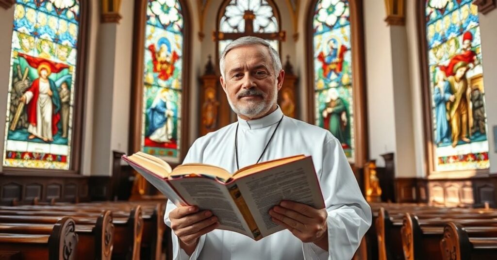 Ks. Michał Kwitliński w tradycyjnym wnętrzu kościelnym z Biblią w ręku, otoczony witrażami i ołtarzem.