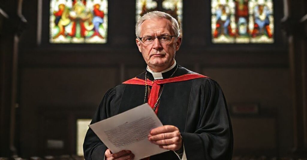 Portret ks. prof. Mirosława Kalinowskiego w akademickiej szacie w tradycyjnym katolickim salu uniwersyteckim z witrażami i listem do kard. Grzegorza Rysia.