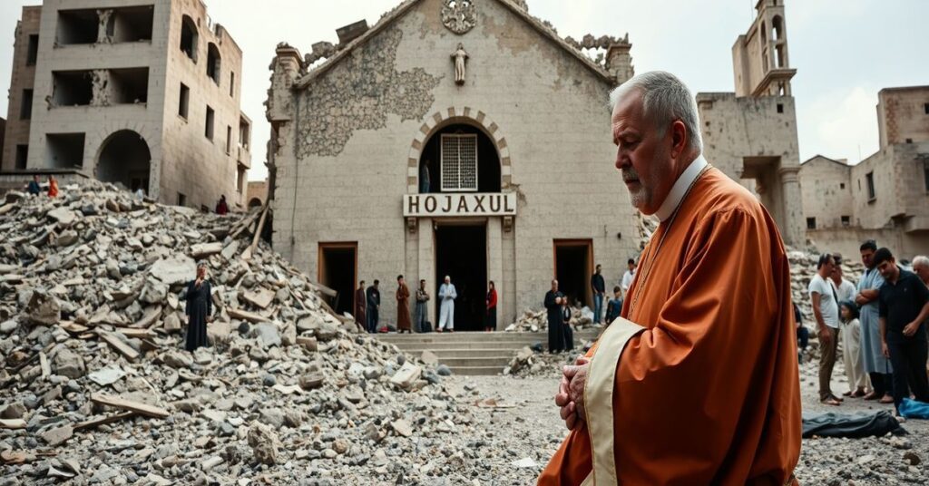Ks. w tradycyjnym ornaty modli się przed zniszczonym kościołem w Gazie, otoczony ruinami i cierpiącymi Palestyńczykami.