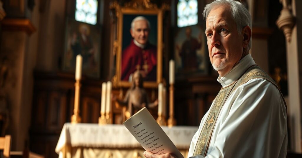 Ks. Robert Nęcek w tradycyjnych szatach kapłańskich przed ołtarzem kościoła, trzymający dokument z oskarżeniami wobec Jana Pawła II