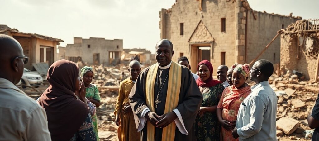 Obrázek przedstawia ks. Nathaniela Asuwaye stojącego w ruinach swojej parafii w Karku w Nigerii po uwolnieniu z niewoli.