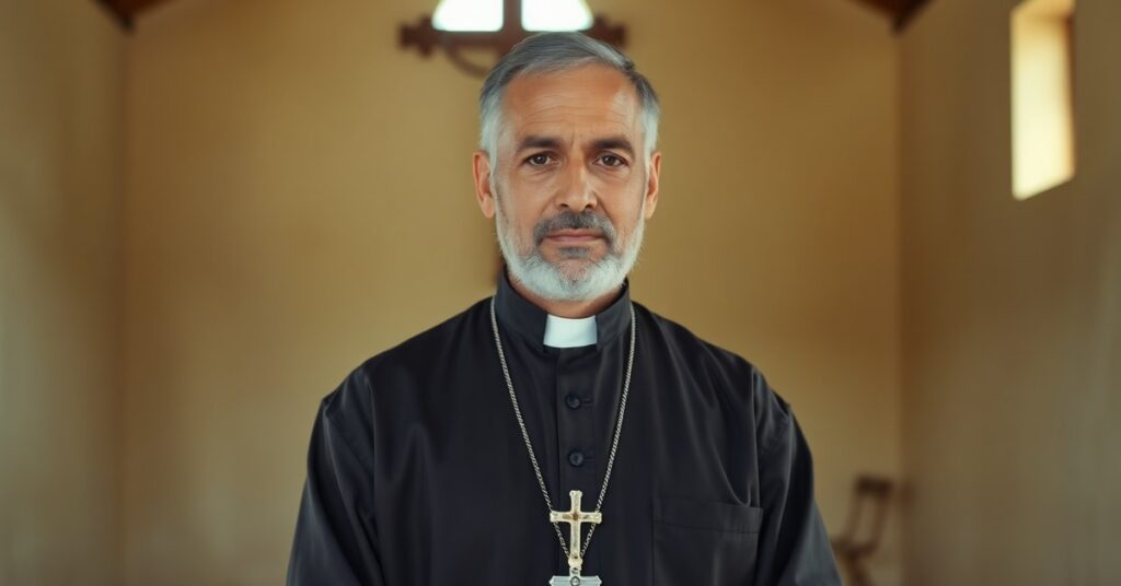 Portret ks. Nazareno Lanciottiego w tradycyjnym strój kapłańskim na tle misyjnego kościoła w Jauru, Brazylia
