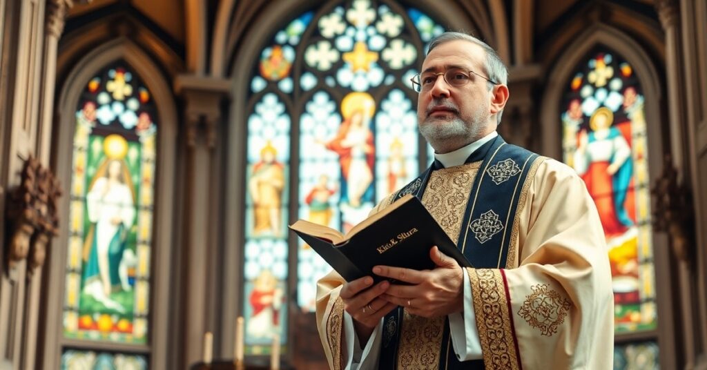Ks. Niko Skura w tradycyjnym kościele katolickim podczas kazań. Architektura kościoła z witrażami przedstawiającymi Chrystusa zmartwychwstałego.