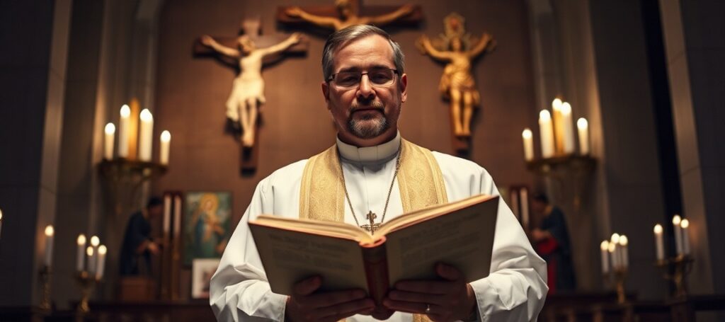 Ks. Nikos Skura w tradycyjnym stroju kapłańskim stoi w ciemnym kościele z otwartą Biblią w ręku.