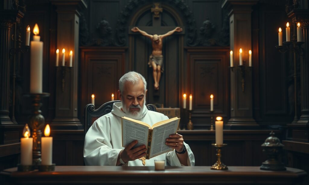 Ks. Nikos Skuras czyta Pismo Święte w tradycyjnym kościele katolickim