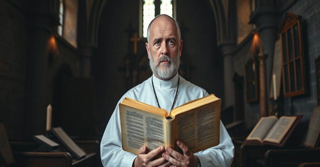 Ksiądz Nikos Skuras w ciemnym wnętrzu kościoła z Biblią w ręku