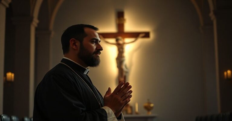 Ks. Nikos Skuras w tradycyjnym kościele katolickim, modlący się przed krzyżem. Scena ukazuje kontrast między prawdziwą pokorą chrześcijańską a naturalistyczną pseudoduchowością.