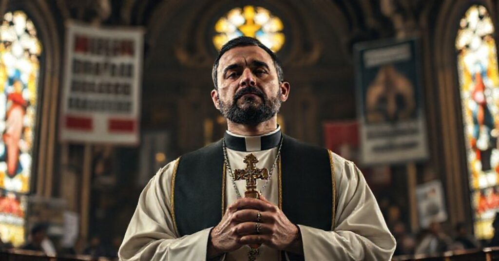 Prawdziwy obraz ks. Nilsa de Jesúsa Hernándeza w tradycyjnych szatach kapłańskich, modlącego się w kościele z symbolami duchowej pustki politycznego aktywizmu.