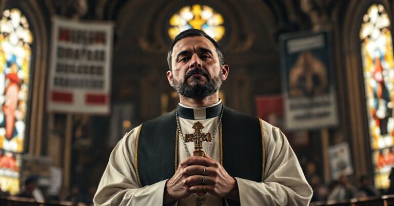 Prawdziwy obraz ks. Nilsa de Jesúsa Hernándeza w tradycyjnych szatach kapłańskich, modlącego się w kościele z symbolami duchowej pustki politycznego aktywizmu.