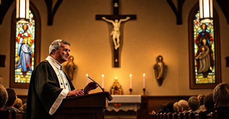 Kapelan w sutannie przemawia do małej zgromadzonej w tradycyjnej kaplicy katolickiej o nierozerwalności małżeństwa.