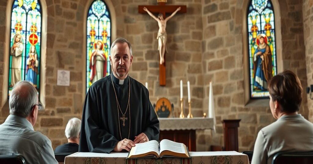 Portret księdza Pawła Dubowika w tradycyjnym habitacie kościelnym, stojącego przed ołtarzem z krzyżem i Biblią. Tło: stara kamienna kaplica z witrażami.