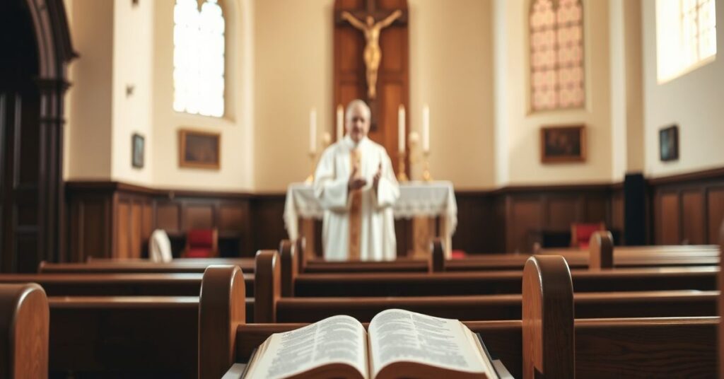 Wnętrze tradycyjnego kościoła z księżem w sutannie na ambonie, nauczającym o błędach dialogu z judaizmem. Na tle ołtarz ze świecami i krzyżem.