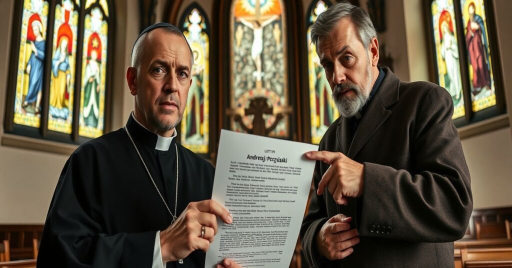 Ks. Andrzej Perzyński w kościele z listem Episkopatu Polski na tle okien wielkopostnych.