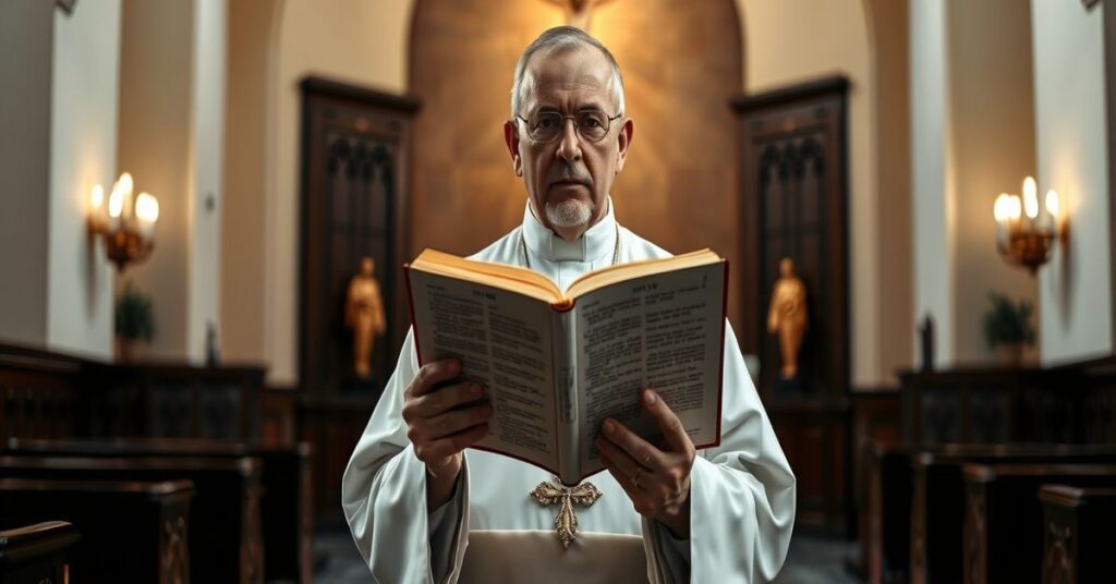 Ks. Prof. Andrzej Perzyński w kasule i czepcu stojący w tradycyjnym kościele z otwartą Biblią, Rz 11:29 podświetlona.