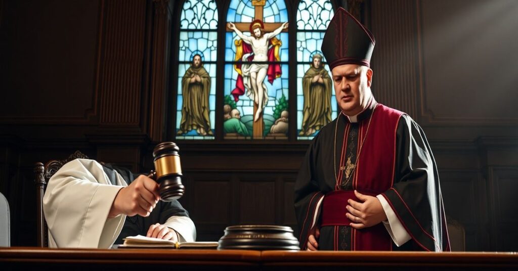 Sądowa sala z księdzem Piotrem Antonim Glasem i biskupem diecezji Portsmouth w tradycyjnym katolickim wnętrzu.