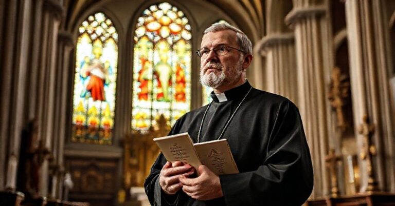 Portret Księdza Profesora Piotra Mazurkiewicza w tradycyjnym stroju duchownym w gotyckim koście z witrażem Chrystusa Krola